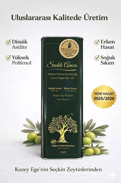 Sadık Amca Erken Hasat Soğuk Sıkım Natürel Sızma Zeytinyağı 2 Lt. Özel Tasarım Teneke ürün görseli 1