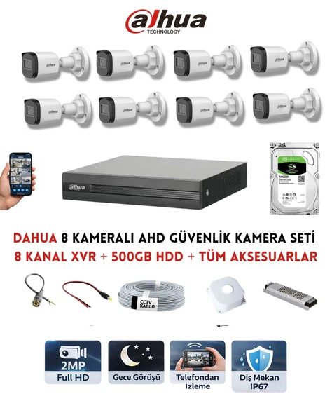 Dahua 8 Kameralı Güvenlik Kamera Seti 2MP Full HD DVR Sistem 500GB HDD Dahil ürün görseli 1