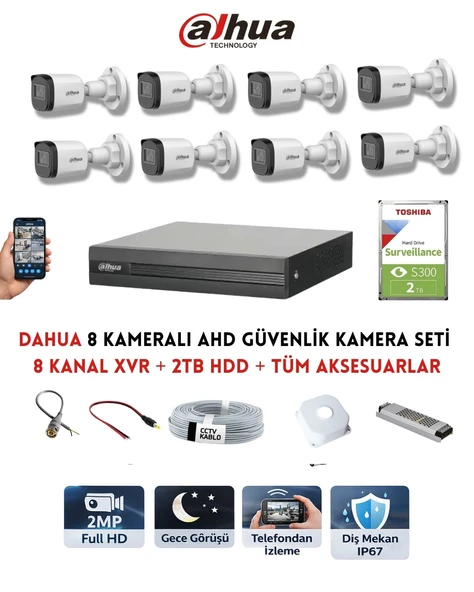 Dahua 8 Kameralı Güvenlik Kamera Seti 2MP Full HD DVR Sistem 2TB HDD Dahil ürün görseli 1