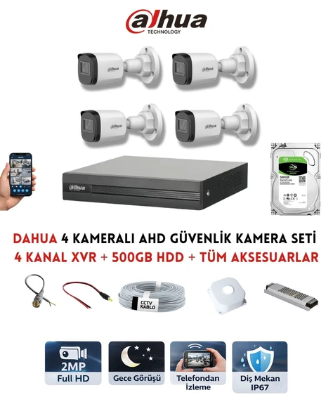 Dahua 4 Kanal 4 Kameralı Güvenlik Sistemi 2MP Full HD DVR 500GB HDD Dahil ürün görseli 1