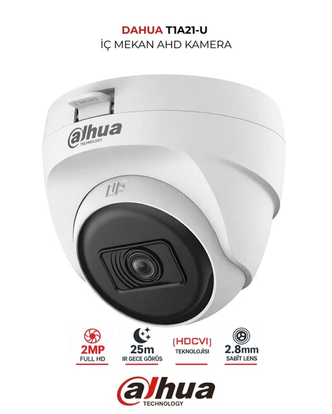 Dahua Hac-t1a21-u-0280b, 2mpix, 2.8mm Lens, 25 Mt Gece Görüşü, Dome Kamera ürün görseli 1