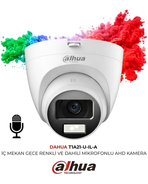 Dahua 2MP Full HD Dome Kamera HAC T1A21P U IL A 0280B 25 Metre Gece Görüşlü Mikrofonlu Gece Renkli ürün görseli 1