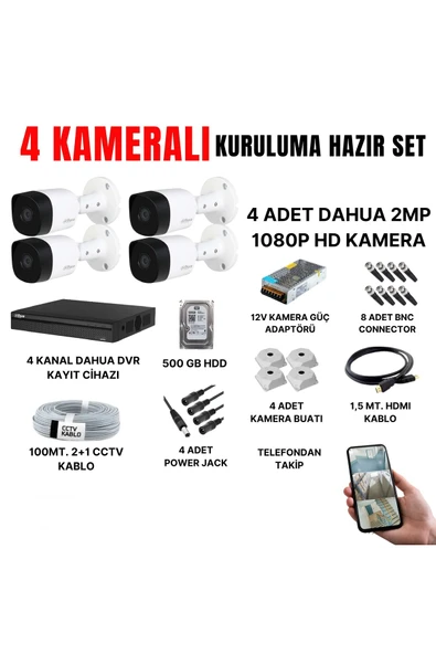 4 KAMERALI GÜVENLİK KAMERASI SETİ-CEPTEN İZLEME-FULLHD-GECE GÖRÜŞLÜ-SU GEÇİRMEZ ürün görseli 1