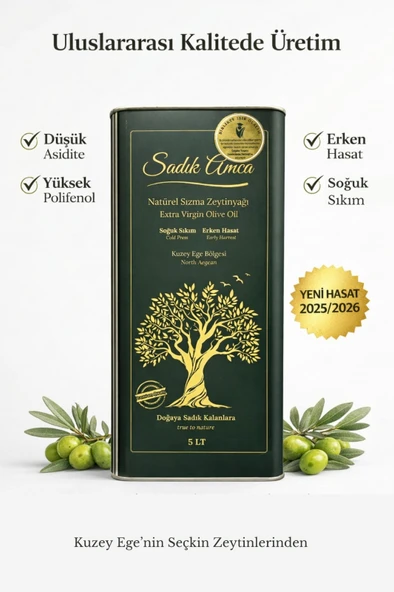 Sadık Amca Erken Hasat Soğuk Sıkım Natürel Sızma Zeytinyağı 5 Lt. Özel Tasarım Teneke ürün görseli 1