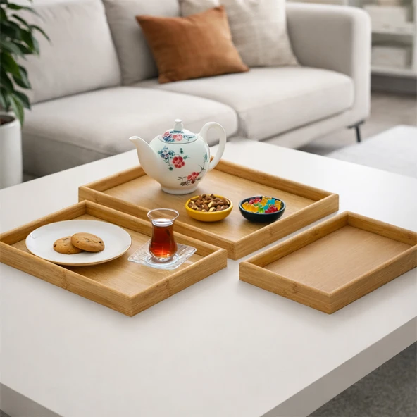 Porsima 130105043 Ahşap Tepsi 3lü Set Çay Kahve Bambu Sunumu Tepsi Seti ürün görseli 1