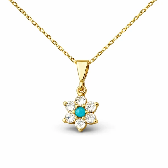 Harem Altın Gümüş Mavi Taşlı Gold Çiçek Kadın Kolye ürün görseli 1
