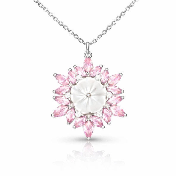 Harem Altın Gümüş Pembe Lotus Desenli Çiçek Kadın Kolye ürün görseli 1