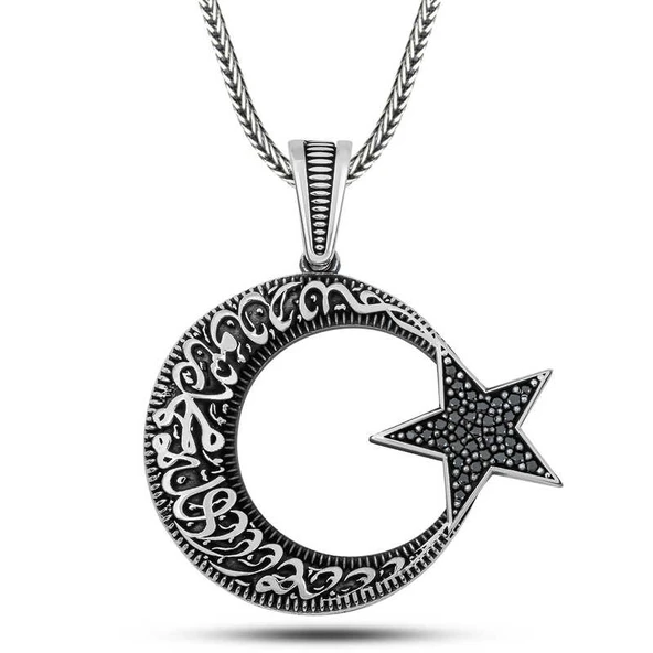 Harem Altın Gümüş Kelime-i Tevhid Yazılı Taşlı Erkek Kolye ürün görseli 1