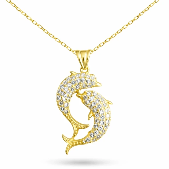 Harem Altın Gümüş Gold Çift Yunus Balığı Kadın Kolye ürün görseli 1