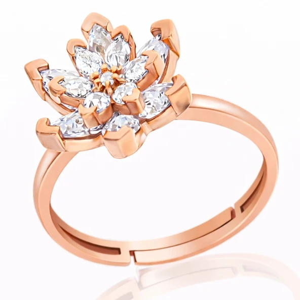 Harem Altın Gümüş Rose Beyaz Taşlı Lotus Çiçeği Kadın Yüzük ürün görseli 1