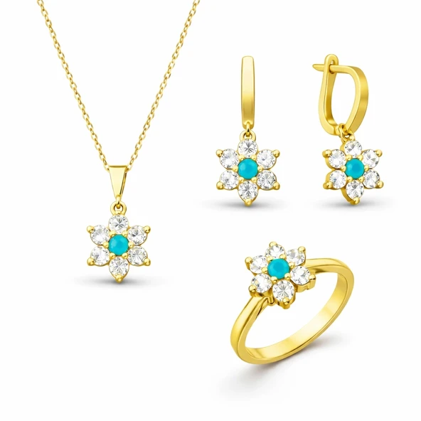 Harem Altın Gümüş Mavi Taşlı Gold Çiçek Kadın Set ürün görseli 1