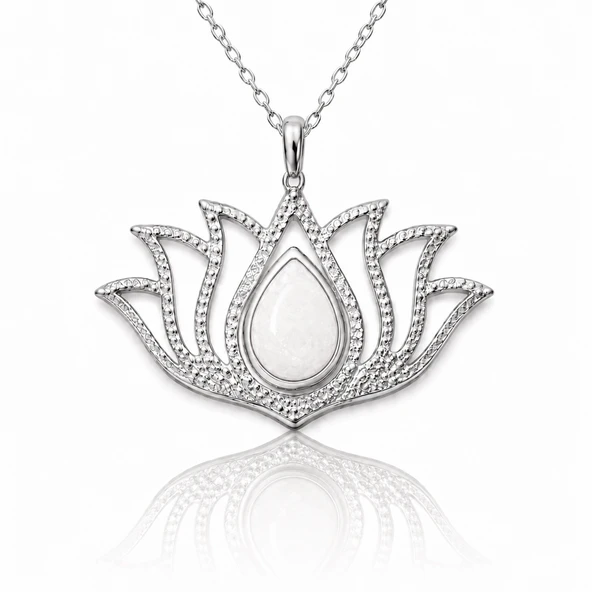 Harem Altın Gümüş Beyaz Opal Taşlı Lotus Kadın Kolye ürün görseli 1