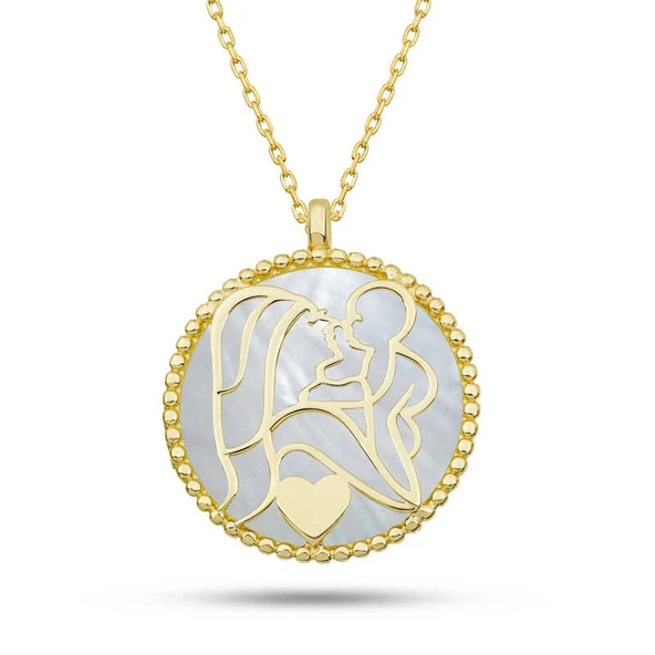 Harem Altın Gümüş Gold Sedef Taşlı Anne Çocuk Sevgisi Kolye ürün görseli 1