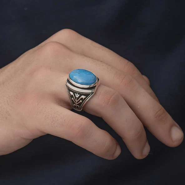 Harem Altın Gümüş Zirkon Turkuaz Taşlı Oval Erkek Yüzük ürün görseli 1