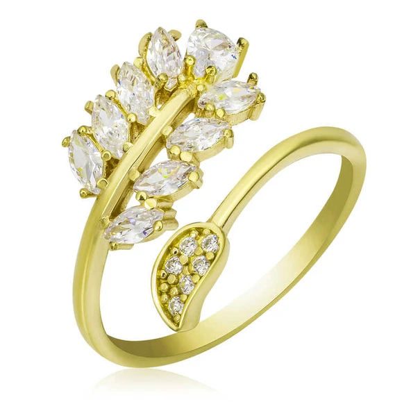 Harem Altın Gümüş Gold Ayarlanabilir Beyaz Taşlı Yaprak Kadın Yüzük ürün görseli 1
