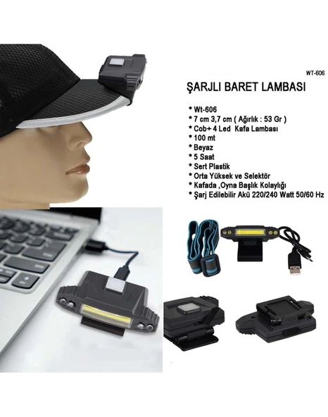 Black Watton 100 Lümen Şarjlı Şapka Lambası - Resim 5