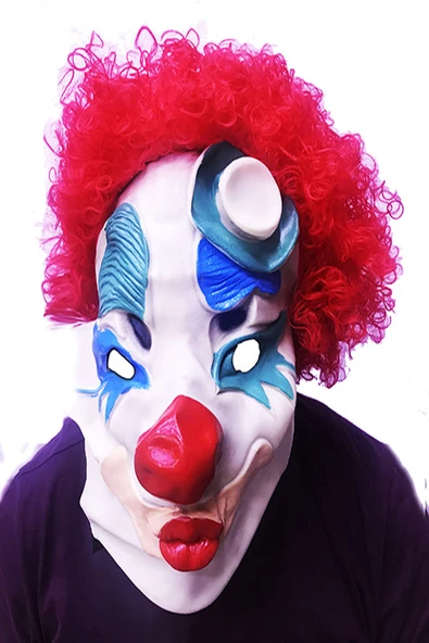 Parti Kırmızı Renk Afro Bonus Peruklu Palyaço Lateks Et Maske ürün görseli 1