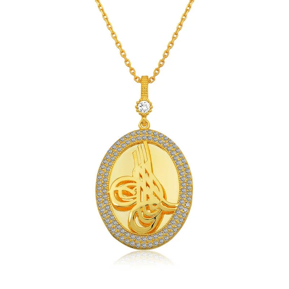 Harem Altın Gümüş Gold Tuğralı Oval Bayan Kolye ürün görseli 1