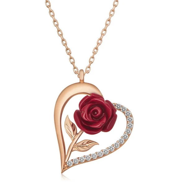 ​Harem Altın Gümüş Rose Kalpli Kırmızı Gül Kadın Kolye ürün görseli 1