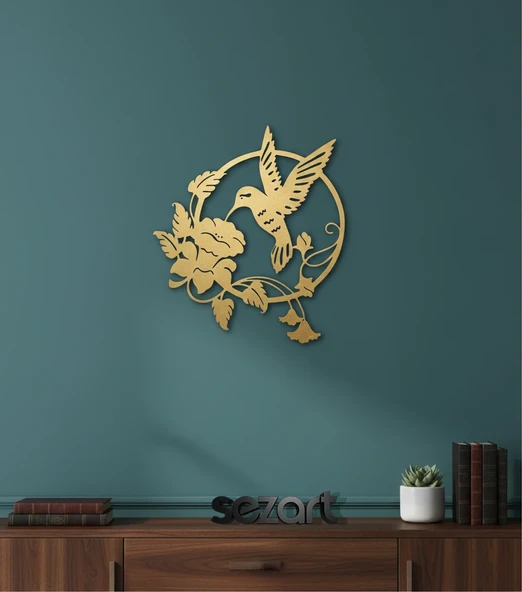 Sinek Kuşu Ve Yaban Gülü Desenli Dekoratif Metal Duvar Tablosu ürün görseli 1