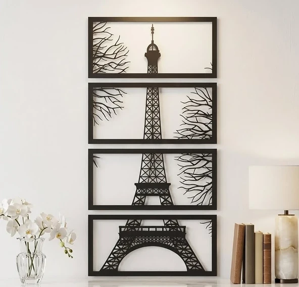 Eyfel Kulesi Metal Tablo 4'lü Set | Lazer Kesim Paris Duvar Tablosu ürün görseli 1