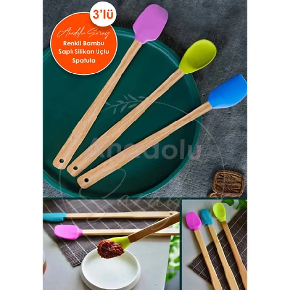 Silikon Uçlu Isıya Dayanıklı Bambu Spatula 3'lü Set ürün görseli 1