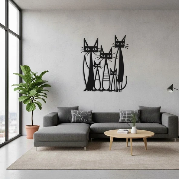 Üçlü Çizgisel Kedi Figürleri Metal Duvar Dekoru ürün görseli 1