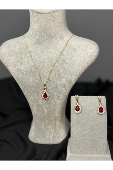C&On Design Kırmızı Zümrüt Taş Detaylı Kolye ve Küpe Set ürün görseli 1