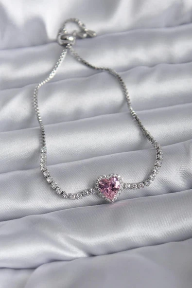C&On Design Gümüş Asansörlü Charm Bileklik - Pembe Kalpli Bileklik - Takı & Mücevher Zirkon Taşlı Sevgili Hediye ürün görseli 1