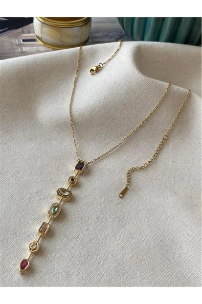 C&On Design Y Kolye 7 Element Baget Taşlı Y Kolye Gold (Y Kolye Baget Taşlı Gold Kolye) Renkli Taşlı Y Kolye ürün görseli 1