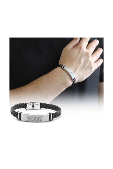 C&On Design Kişiye Özel İsim Yazılı Çelik-Deri Bileklik (Model-2) 104000475 ürün görseli 1