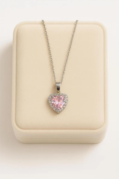 C&On Design Romantik Pembe Kalp Taşlı Kolye - Paslanmaz Çelik Silver ürün görseli 1
