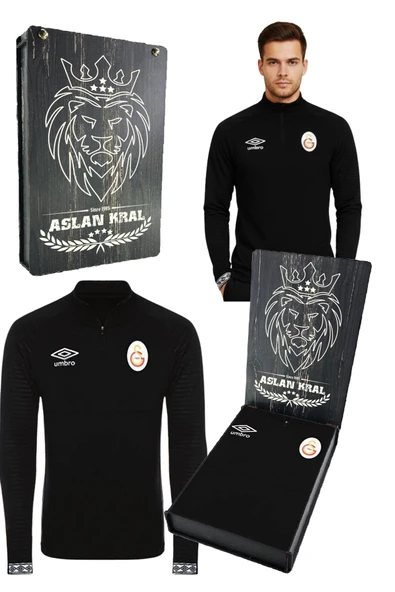 Galatasaray Orijinal Lisanslı Yarım Fermuar  Siyah Sweat Lazer Ahşap Kutu ürün görseli 1