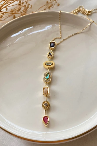 C&On Design 7 Renk Element Kristal Taşlı Y Şekilli Kolye Kararmaz Gold Kadın Kristal Taşlı Çelik Kolye ürün görseli 1