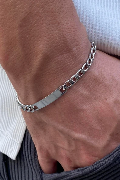 C&On Design Gümüş Renk Zincir Çelik Bileklik, İsim, Resim Yazılabilir Çelik Künye (Unisex) ürün görseli 1