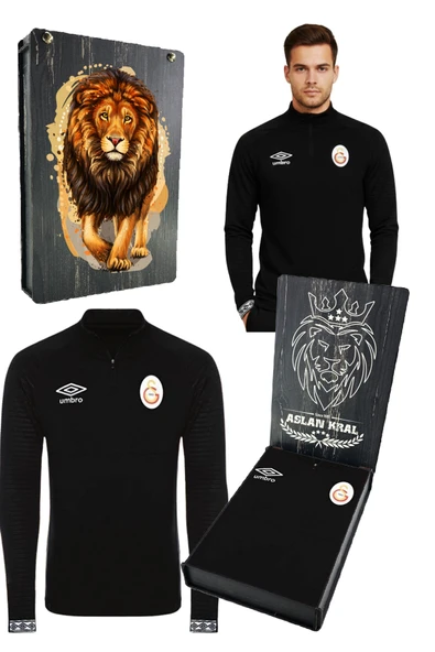Galatasaray Orijinal Lisanslı Yarım Fermuar Siyah Sweat UV Hediyelik Ahşap Kutu ürün görseli 1
