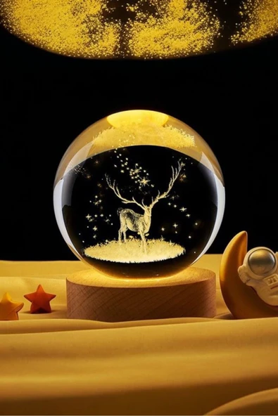C&On Design Renk Değiştiren Led Işıklı Cam Küre Ahşap Altlıklı Geyik Lamba Kristal 6*7 ürün görseli 1