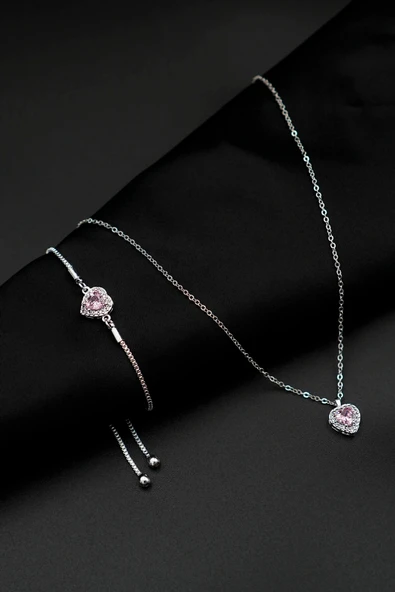 C&On Design Zirkon Taşlı Kalp Charm Model Pembe Renk Kadın Kolye Ve Bileklik Set ürün görseli 1