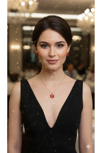 C&On Design Kamelya Çiçeği Tasarımı Kırmızı Kristal Altın Renk Paslanmaz Çelik Kolye ve Küpe Seti ürün görseli 1
