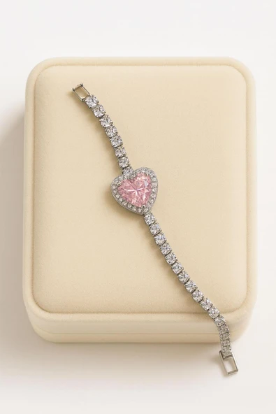 C&On Design Çelik Bileklik - Romantik Pembe Kalp Taşlı Kadın Bileklik Silver Paslanmaz ürün görseli 1