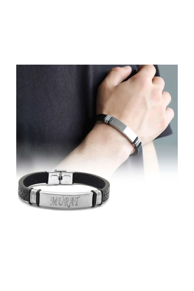 C&On Design Kişiye Özel İsim Yazılı Çelik-Deri Bileklik (Model-6) 104000563 ürün görseli 1
