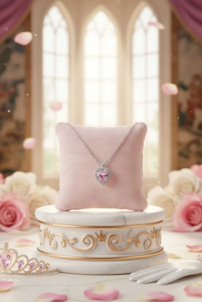 C&On Design Prenses Tacı Pembe Kalp Kolye - Gümüş Rengi Zirkon Taşlı ürün görseli 1