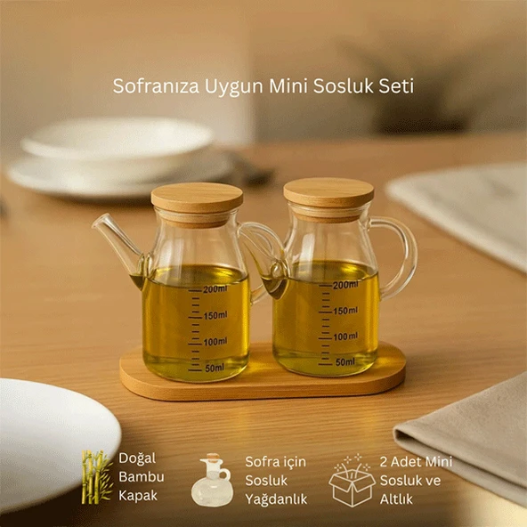 Mini Yağdanlık ve Sosluk Seti, Bambu Stantlı ve Vakumlu Bambu Kapaklı, 2'li 200 Ml Salata Seti ürün görseli 1
