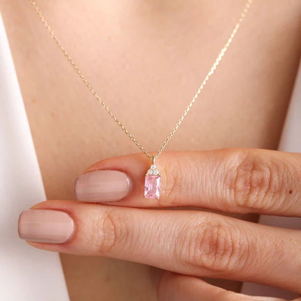 Altın Baget Kolye Pink Topaz ürün görseli 1