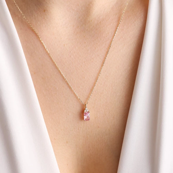 Altın Baget Kolye Pink Topaz - Resim 2