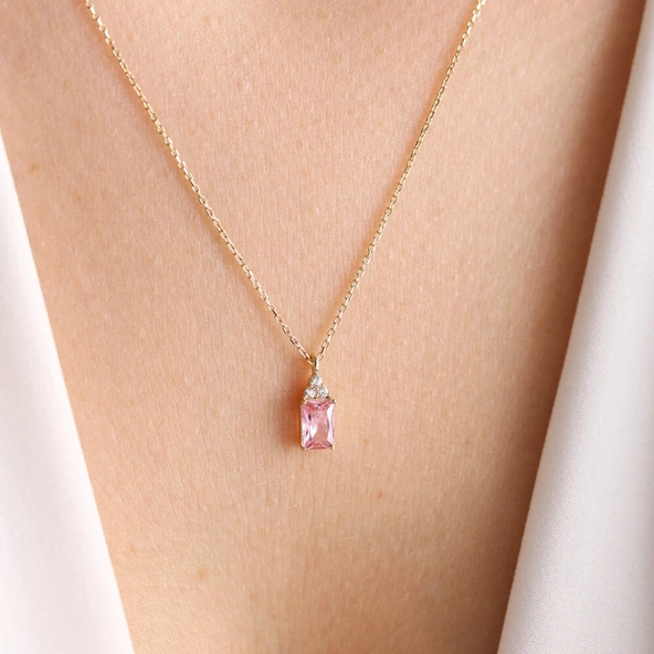 Altın Baget Kolye Pink Topaz - Resim 3