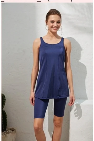 Kadın Lacivert Dubai Askılı Tesettür Tankini Takım ürün görseli 1