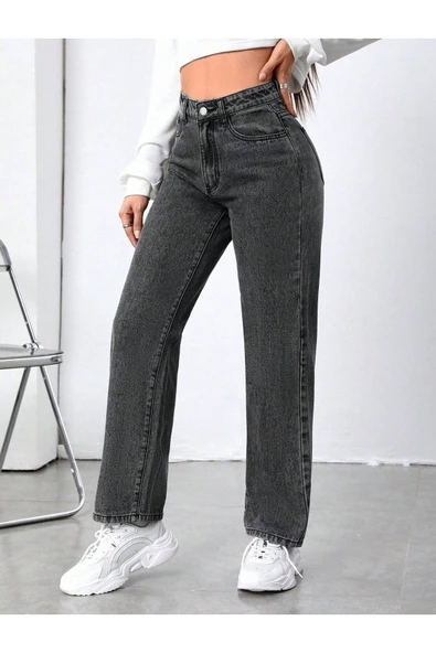Kadın Antrasit Gri Easy Fit Jeans Yüksek Bel Bol Paça Kot Pantolon ürün görseli 1