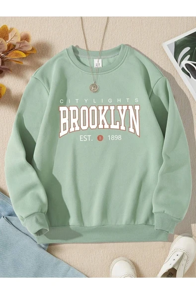 Mint Yeşili Brooklyn Baskılı Kız/erkek Sweatshirt ürün görseli 1