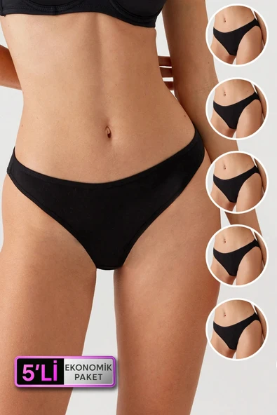 Kadın 5'li Ekonomik Paket Siyah 2057 High Leg Classic Pamuklu Basic Külot ürün görseli 1